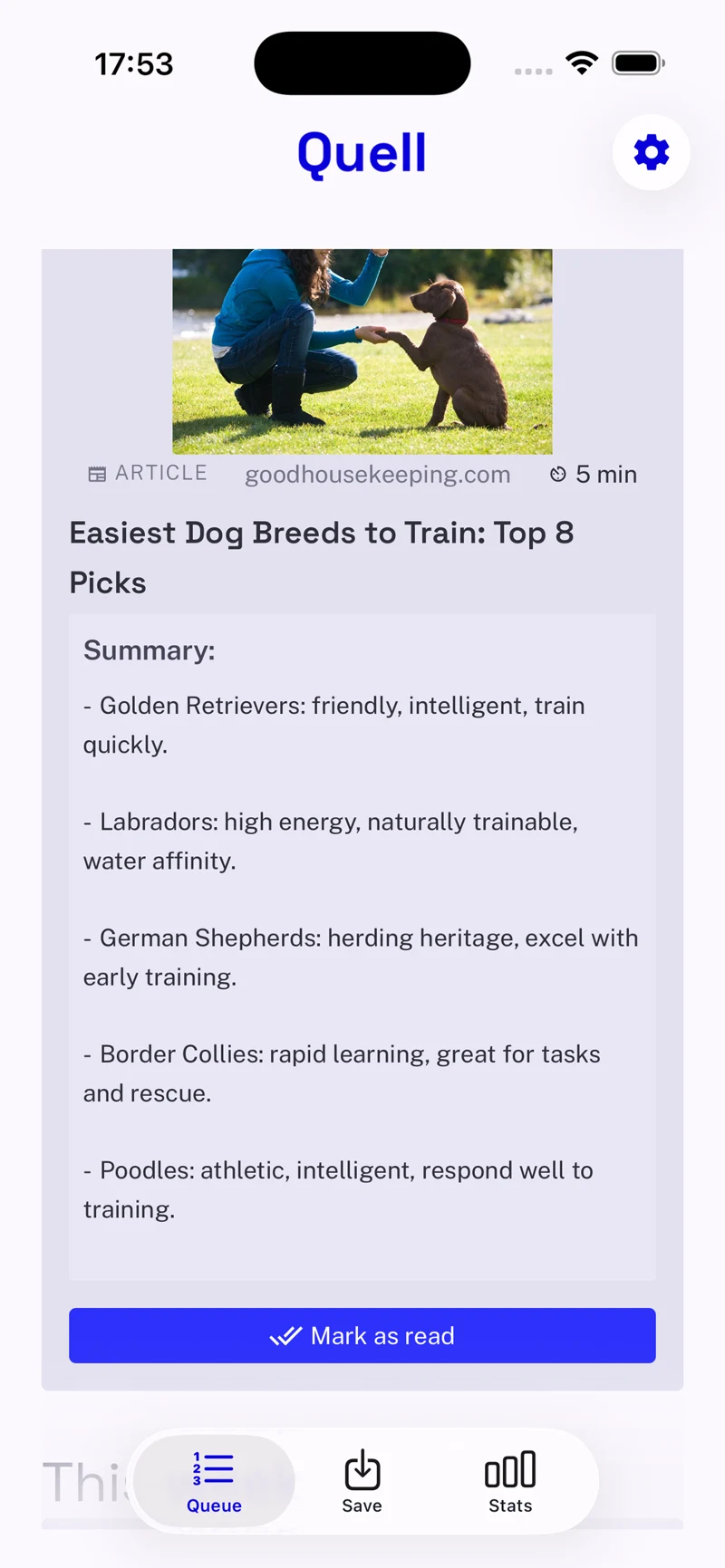 The article summary in Quell, with a Mark as read button for deliberate completion.