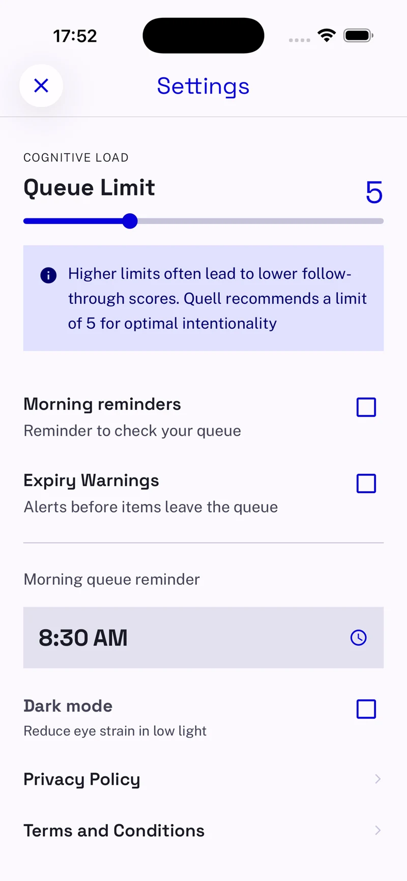 Quell settings: the queue limit is set to 5, the app’s recommended starting point.