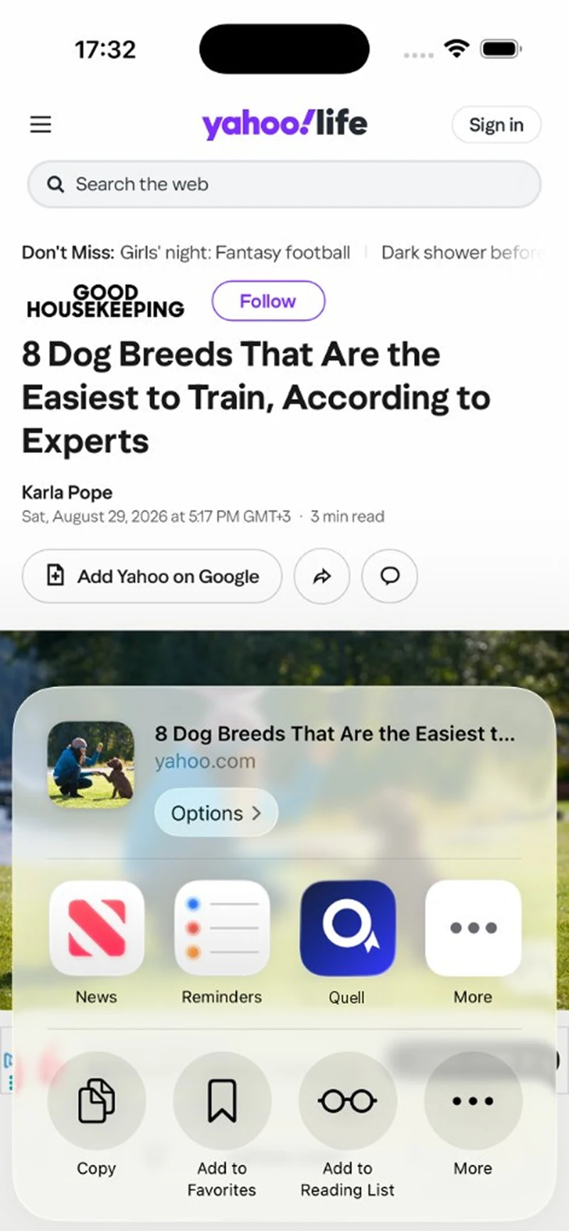 The iOS Share sheet showing Quell as a destination for saving an article.